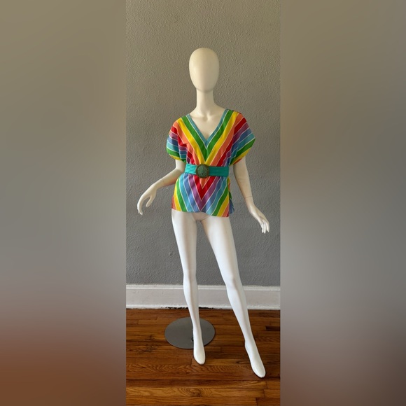 Vintage 70s 80s Rainbow Chevron Striped Top Blouse - Picture 8 of 13